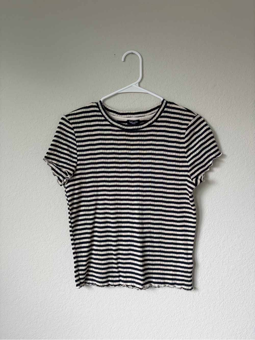 Splendid Navy & White Striped Ribbed Pointelle Short-Sleeve Cotton Tee Size M